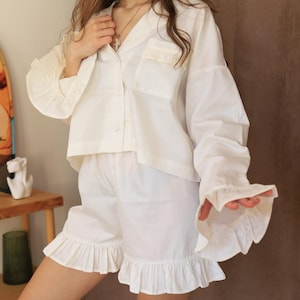 White Cotton Satin Pajama Set with Ruffles, Romantic Sleepwear for Women, Breathable Summer Loungewear, Bride Pajamas, Gift for Her