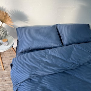 Blau gestreifte Bettwäsche, moderner Bettbezug und Kissenbezüge aus Baumwolle, blaues Schlafzimmerdekor, König Königin Zwillinge in voller Größe, Geschenk für Zuhause