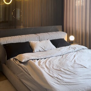 Satin Bedding Set White and Black, Soft Duvet Cover, 2 Pillowcases, Fitted or Flat Sheet, Elegant Bedroom Decor, Custom Sizes Available