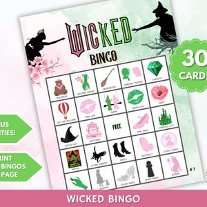Puede incluir: Una colorida hoja de juego de bingo "Wicked" con ilustraciones temáticas, que incluyen un sombrero de bruja, una esmeralda y labios rosas. La hoja tiene el texto "Wicked Bingo" y "30 cartas". También se incluyen actividades adicionales.