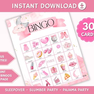 Bingo pour soirée pyjama, bingo pour soirée pyjama, bingo pour soirée pyjama, jeux pour soirée pyjama, bingo pour anniversaire, 30 cartes de bingo imprimables, jeux de fête pour ados,