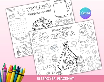 Sleepover Coloring Placemat: Editable Pajama Party Activity (Digital Download, Canva Template, 3 Pages)