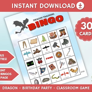 Dragon Bingo, Addestramento del tuo drago Bingo Party Gioco del drago Bingo di compleanno 30 cartelle del bingo stampabili, Attività di gioco per adolescenti e adolescenti in classe