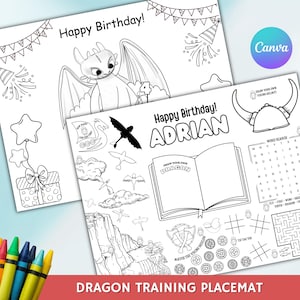 May include: Two white placemats with black line drawings. One says "Happy Birthday!" and features a dragon illustration. The other says "Happy Birthday! ADRIAN" and includes a word search and drawing prompts. Crayons are in the foreground.