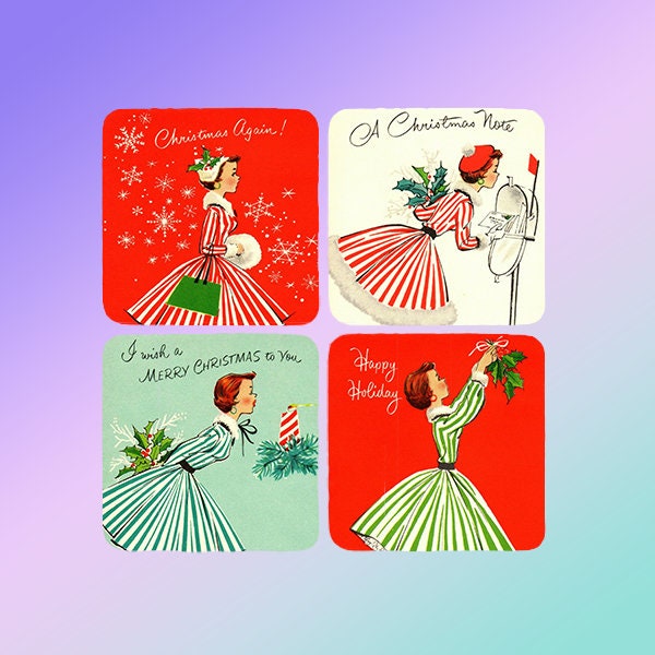Vintage Christmas Ladies Ceramic Coasters - Set of 4
