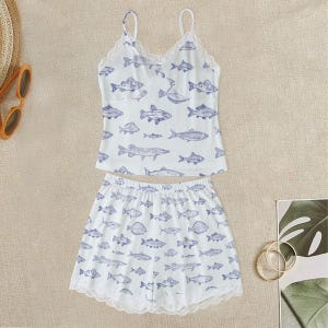 Fish Print Cami Pajama Set, Lace Edge Sleepwear image 1