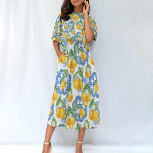 Vestido de verano con estampado de cítricos y cintura elástica, estampado de frutas, estilo bohemio, color naranja limón.