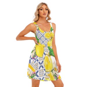 Lemon Tile Print Dress, Mediterranean Citrus Pattern Sundress, Blue and Yellow Summer Dress, Boho Va