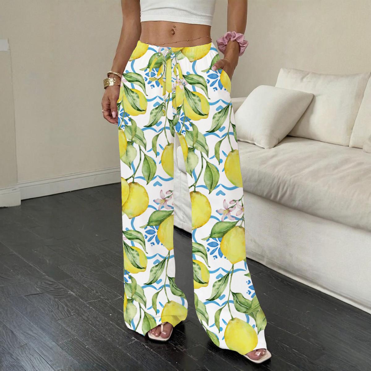 Lemon Print Straight-leg Pants, Citrus Boho Trousers - Etsy