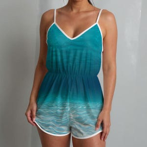 Ocean Print Romper, Women’s Beach Romper, Coastal Summer Romper, Sea Inspired Playsuit, Ocean View V