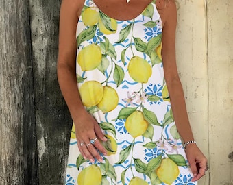 Lemon Print Sundress, Yellow Citrus A-Line Vacation Dress