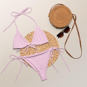 Pink Polka Dot String Bikini, Women’s Triangle Bikini Set, Cute Summer Swimwear, Adjustable Tie Bikini, Beach Vacation Swimsuit