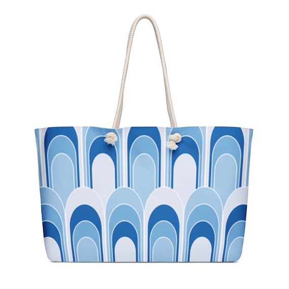 Blue Patterned Tote Bag, Boho Canvas Shoulder Bag, Aesthetic Blue