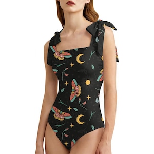 Moth Moon Swimsuit, Celestial One Piece Swimsuit, Witchy Bathing Suit, Dark Boho Swimsuit, Starry Sk