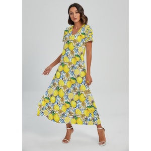 Lemon Print V-Neck Dress with Side Slit, Citrus Summer Midi Dress, Boho Vacation Outfit, Mediterrane