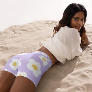 Purple Floral Yoga Shorts, Tight Stretch Shorts, Activewear For Women