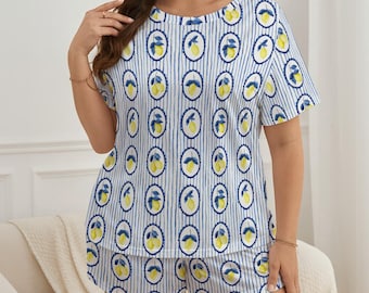 Lemon Stripe Pajama Set, Soft Women's Pajama Set, Cozy Sleepwear, Cute Summer PJs, Matching Lounge S