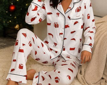 Holiday Christmas Pajamas, Satin Pjs, Festive Sleepwear Set