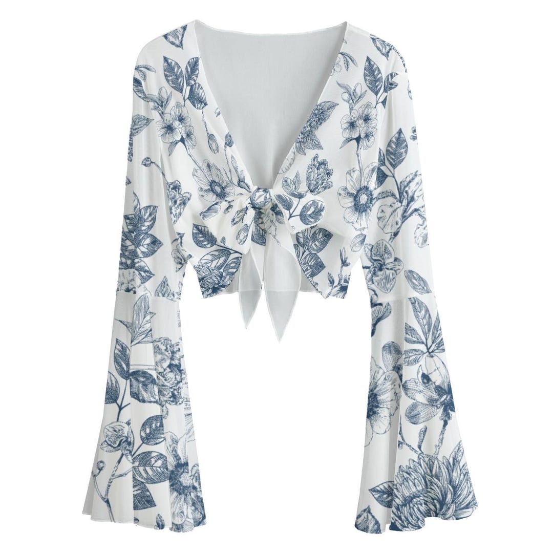 Blue Floral Crop Top, Tie Front Blouse, Bell Sleeves - Etsy