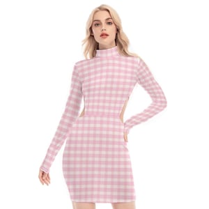 Robe moulante en vichy rose, robe à carreaux à manches longues, robe découpée élégante, soirée tendance pour femmes