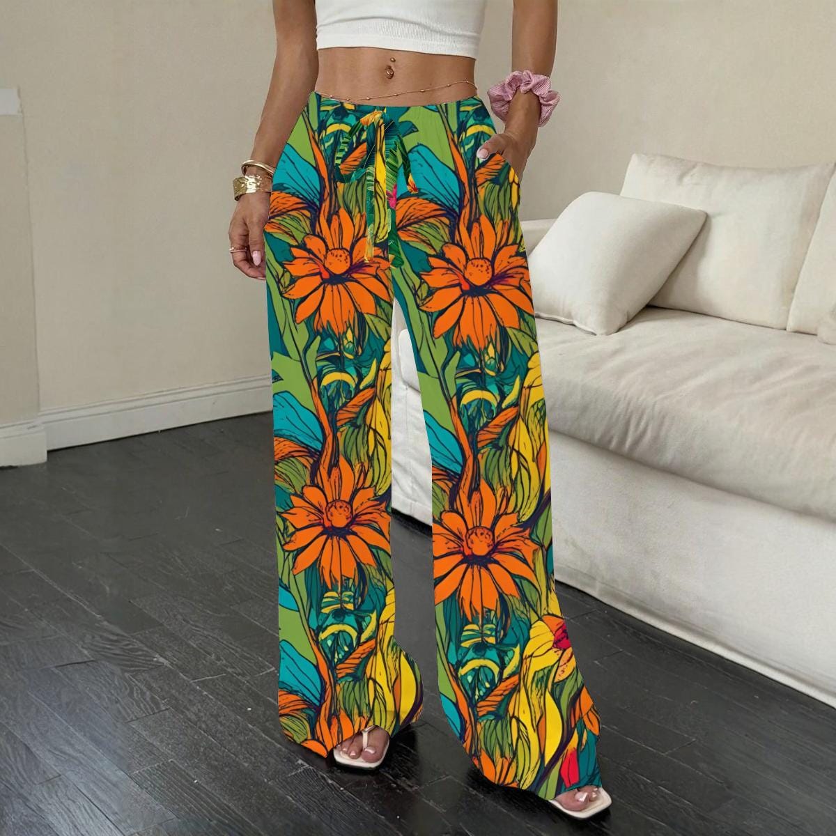 Tropical Print Women's Straight-leg Casual Pants, Palm Leaf Boho