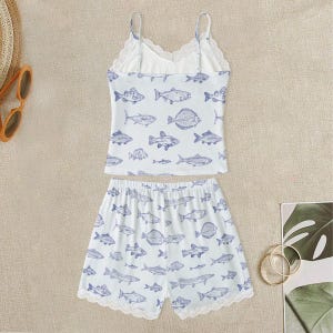 Fish Print Cami Pajama Set, Lace Edge Sleepwear image 2