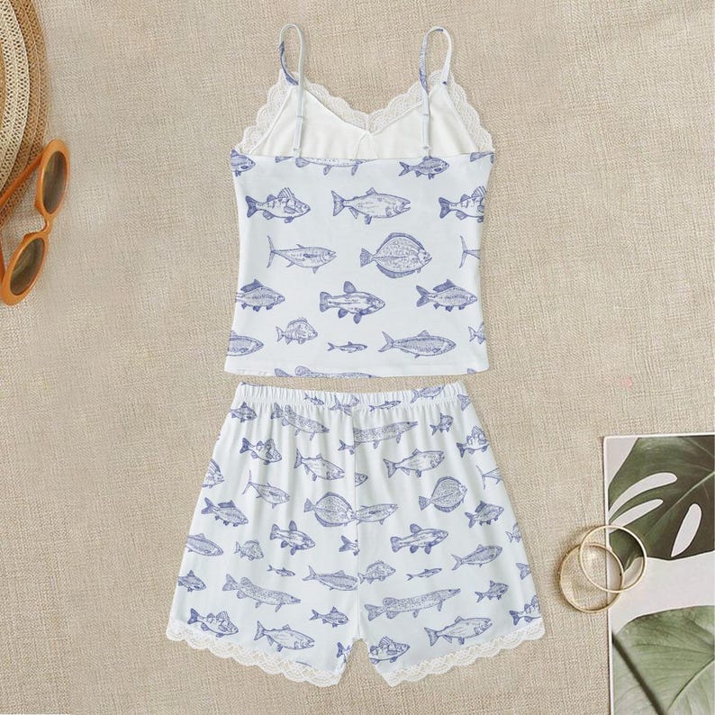 Fish Print Cami Pajama Set, Lace Edge Sleepwear image 2