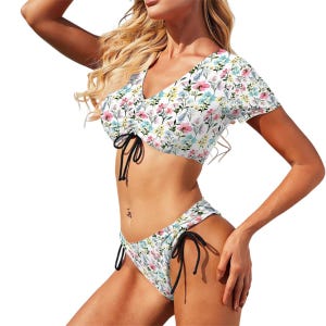 Short Sleeve Tie Front Bikini, Floral Bikini, Womens Swimwear, Tie Front Top, Summer Beachwear, Stylish Swimwear