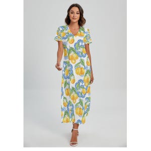 Lemon Print V-Neck Dress with Side Slit, Citrus Summer Midi Dress, Boho Vacation Outfit, Mediterrane