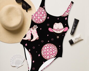 Black Disco Cowgirl Theme One-Piece Swimsuit, Sparkly Western Bathing Suit, Rodeo Bachelorette Party Swimwear, Fun Bride Weekend Outfit