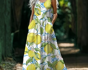 Lemon Print Sleeveless Maxi Dress, Boho Citrus Summer Dress