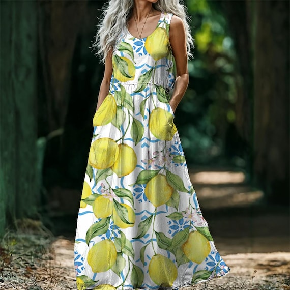 fitted lace wedding dress LEMON PRINT TIE STRAP MAXI DRESS – CHELA main image 0