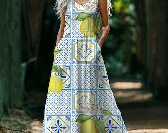 Lemon Print Maxi Dress, Citrus Summer Boho Dress