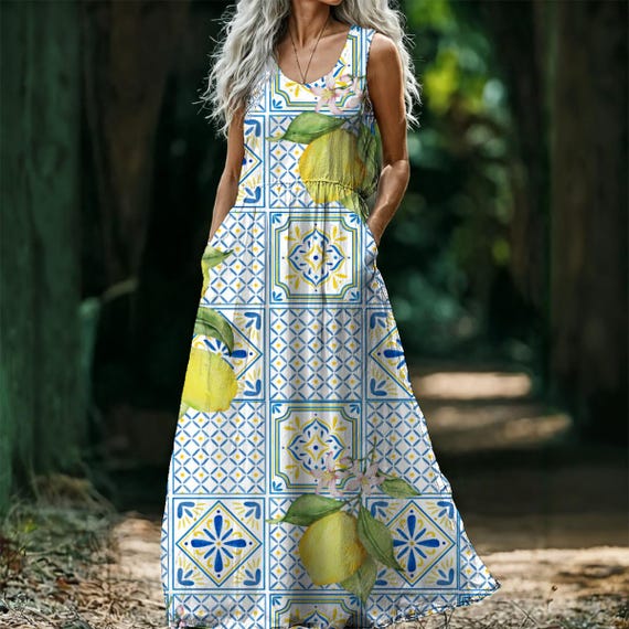 Lemon Print Sleeveless Maxi Dress, Citrus Boho Summer Dress, Flowy