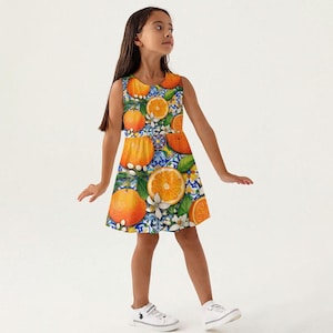 Citrus Print Girls Dress, Cute Summer Kids Sundress, Sleeveless Birthday Party Outfit for Girls
