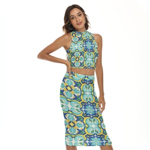 Mediterranean Tile Tank Top & Split High Skirt Set, Santorini Style Two Piece Outfit, Boho Blue And