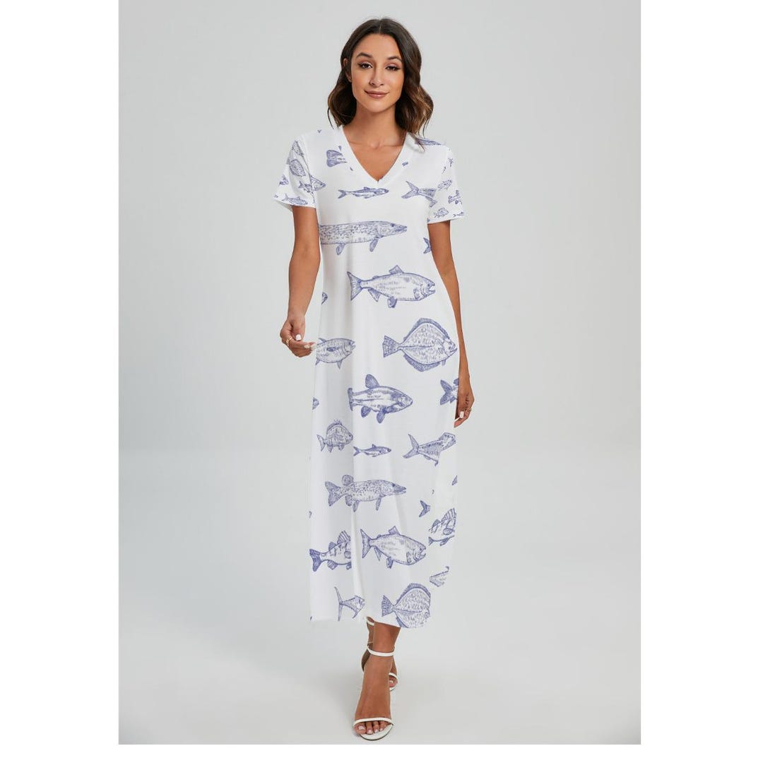 Fish Print V-Neck Midi Dress, Coastal Summer Outfit Fish Print V-Neck Midi Dress, Coastal Summer Outfit