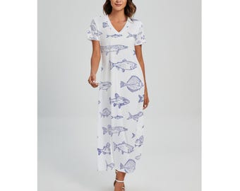 Vestido midi com estampa de peixes e decote em V, look perfeito para o verão na praia