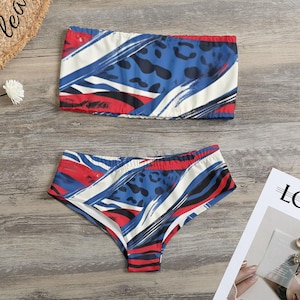 Buffalo Bills Inspired Womens Strapless Bikini Swimsuit, Red White Blue Swimwear, Game Day Beach Out