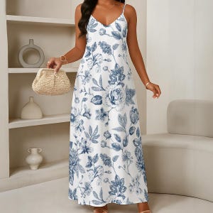 Blue Floral Elegant V-Neck Maxi Dress, Wedding Guest Dress, Evening Gown, Vacation Outfit