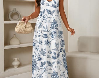 Blue Floral Elegant V-Neck Maxi Dress, Wedding Guest Dress, Evening Gown, Vacation Outfit