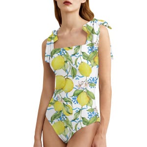 Lemon Print Swimsuit, One Piece Swimsuit, Italian Tile Bathing Suit, Citrus Print Swimwear, Mediterr