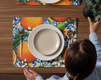 Juego de manteles individuales con diseño de cítricos naranjas, decoración de mesa de cocina de verano