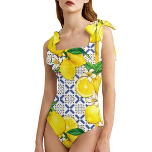 Lemon Print Swimsuit, One Piece Swimsuit, Italian Tile Bathing Suit, Citrus Print Swimwear, Mediterr
