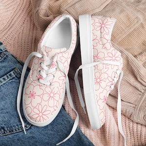 Pink Floral Women’s Lace Up Sneakers, Pretty And Feminine Casual Shoes, Lightweight Everyday Footwear