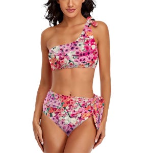 One Shoulder Tie High Waisted Bikini, Floral Bikini, Womens Swimwear, Stylish Swim, Summer Beachwear, Trendy Bikini