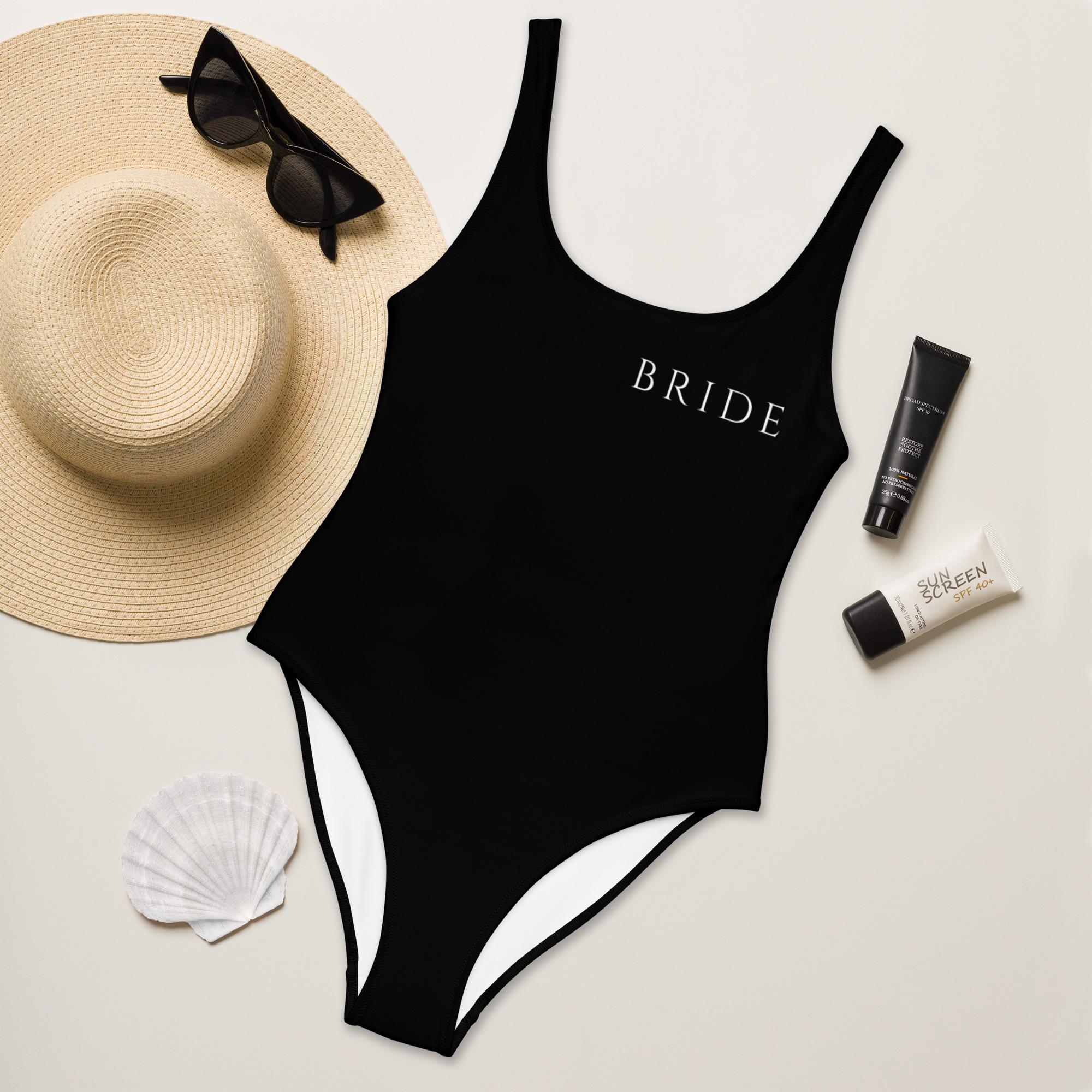 Bride Black One Piece Swimsuit, Bachelorette Party Swim, Bridal Swimwear, Retro Bride Swimsuit, Wedding Weekend Swimsuit (left placement)
