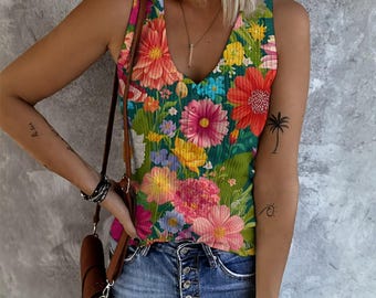 Floral Print Ribbed Tank Top, Sleeveless Garden Top