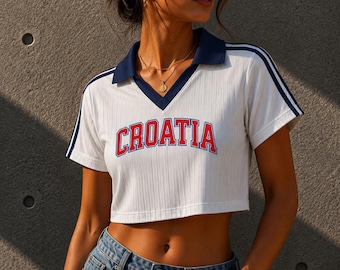 Kroatien Cropped Jersey, Kroatien Kontrastkragen Gestreiftes Oberteil, Kroatischer Stolz Cropped Shirt für Frauen, Retro Sportliches Crop Top