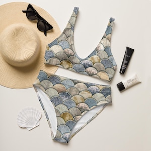 Bikini de cintura alta con escamas de pez, traje de baño de dos piezas inspirado en sirenas, traje de baño de escamas brillantes, conjunto de bikini Ocean Fantasy